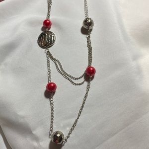 Long red and silver necklace